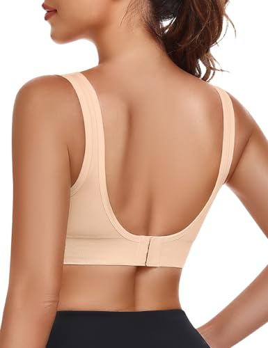 Yuson Girl Sport-BH för kvinnor, sömlös, strykfri, träningsbehå med avtagbara insatser, sport-BH för yoga, fitness, jogging, andningsbar U-back-bh med medium stöd, Beige, L