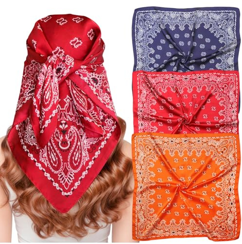 loghohu 3 Stück Kopftuch Damen,70x70 cm Große Seidentuch Haare,Seide Gefühl Satin Bandana Damen,Kopftücher für Frau Taschentuch Ansatz Bandanas Haartuch Halstuch Haarschmuck(Burgunderrot Orange Blau)