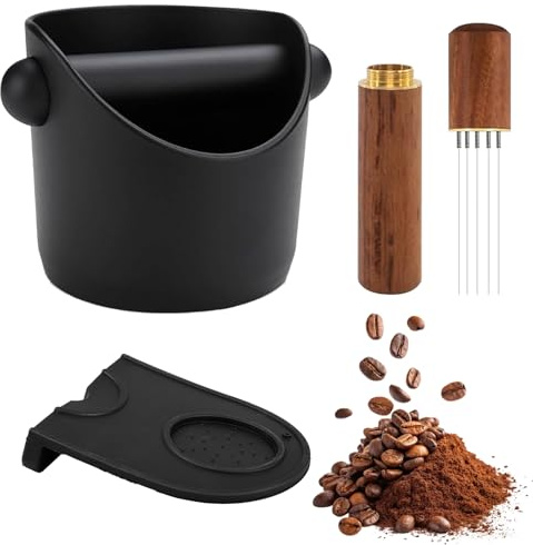 ZBXSNK Coffee Knock Box, 4.4 Inch Small Coffee Grounds Knock Box, Espresso Puck Bin with Non-Slip Tamping Mat and Coffee Stirring Needle, Coffee Machine Accessories for Barista