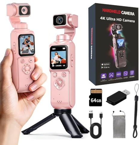 4K Handheld Vlogging Camera with WiFi, Outdoor Pocket Gimbal Camera, 330° Rotating Lens Handheld Video Camcorder, 64MP Fast Focusing Face Tracking, 3-Axis Stabilizer for Travel Vlog (Pink, 64G)