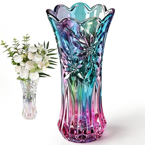 YNNHUDEEP Blomvas 24 cm glasvas tjockväggig tulpanvas med 2,4 PFD, stabil klar glasvas som en gåva till mamma till födelsedag, elegant bordsdekoration för bröllop vardagsrum (färgglad)