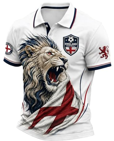 England Football Shirt 2026 Lion Print Short Sleeve Polo Shirt for Supporters of Football Casual National Flag Print Button Down Collar Top Outdoor Sports Shirts for Men