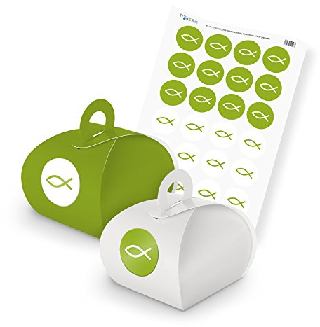 itenga SET Fisch 24x Gastgeschenk Geschenkschachtel mit Griff + Stickerbogen für Kommunion, Konfirmation, Taufe, Firmung