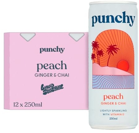 Punchy Drinks - Peach, Ginger & Chai - Premium Soft Drink, Mixer, Sparkling Water, Vitamin D, All Natural, Low Calorie, Non Alcoholic - 12 x 250ml
