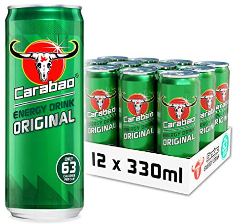 Carabao Energy Drink Original, 12 x 330ml Cans Case, Low Calorie, Lower Sugar, B Vitamins, Taurine, Caffeine with Zero Crash, Vegan Friendly, Gluten Free Drink, Bulk Crates, Multipack