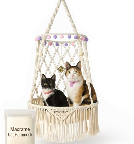 KARCEEY Hängendes Katzenbett Makramee Katzenhängematte Boho Schaukelbett mit Katzenminze Matte