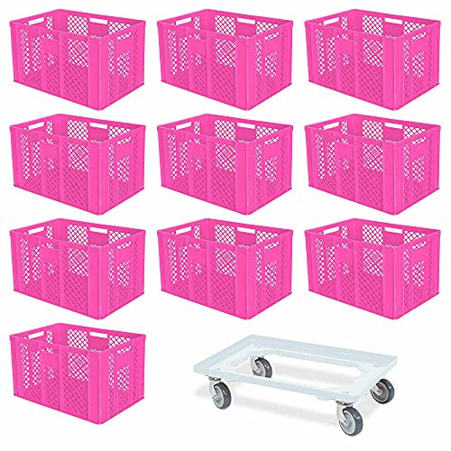Lot de 10 récipients empilables Euro Plus Chariot de transport 600 x 400 x 410 mm Qualité industrielle BRB Rose