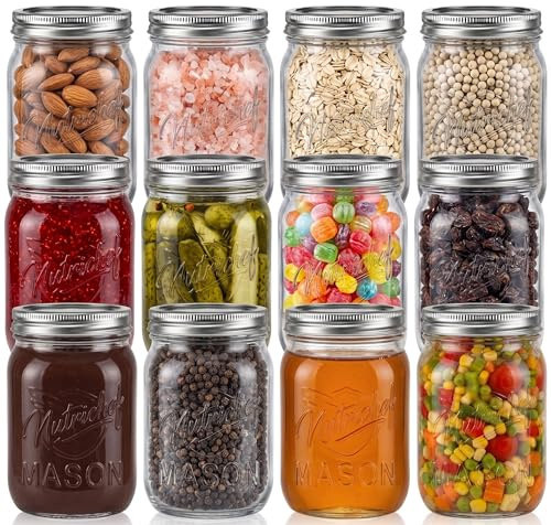 NutriChef Mason Burkar med Lock - 16oz DIY Magnetiska Kryddburkar med Airtight Lock och Band - Perfekt för Meal Prep, Overnight Oats, Marmelad, Honung, Ljusstakar, Bastel, Bröllopsgåvor (12 st)