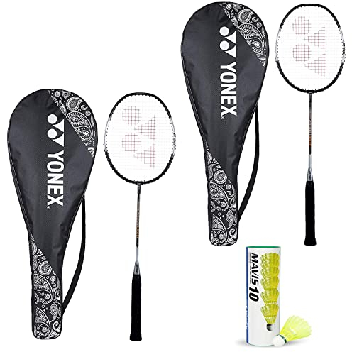 YONEX Best Anfänger Badminton ZR 100 Light Aluminium-Mischung Schläger mit vollständiger Abdeckung, 2 Stück + Mavis 10 Federball (schwarz) – Kombi-Pack mit 6 Stück