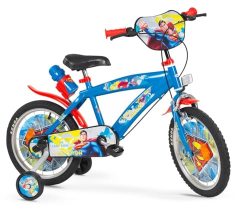 Toimsa Kinderfahrrad Superman 16 Zoll Blau | Felgenbremse Trommelbremse Stützrädern Speichenschutz Trinkflasche | Alter 5-7 Jahre