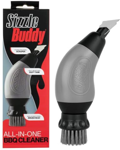 Sizzle Buddy BBQ Brush with Scraper - Stainless Steel BBQ Cleaning Brush - Safe, Durable, Heatproof Bristles - Easily Removes Grease & Food - No Scratch Cleaning Accessory