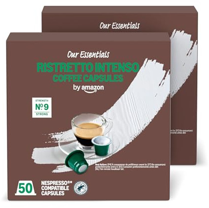 by Amazon Capsules de Café en Plastique Ristretto Intenso Compatibles Nespresso, Torréfaction Corsée, 100 Unités (2 Paquets de 50) – Certifiées Rainforest Alliance