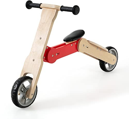 DREAMADE Draisienne en Bois 2 en 1 pour Enfants 3+ Ans, Vélo d'Équilibre avec Siège Amovible, Trottinette Charge de 30kg avec Direction Limitée à 135°, Rouge