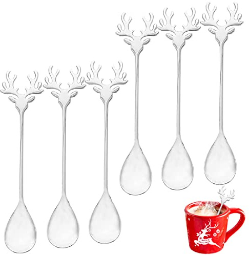 6 Stück Weihnachtslöffel Set, FUKPO Kreativer Dessert Löffel Edelstahl Elch Rührlöffel Kaffee Tee Suppe Dessertlöffel Weihnachten, Weihnachten Teelöffel Weihnachts Rührlöffel Zucker Eislöffel(Silber)