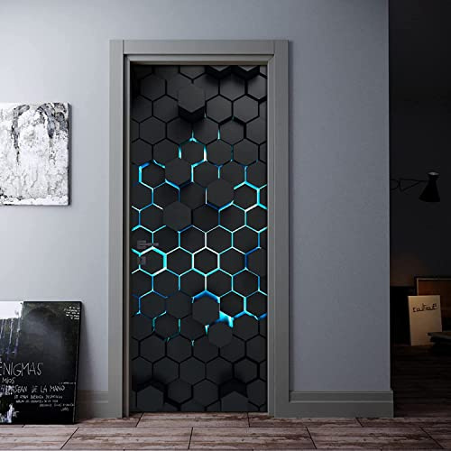 3D-Türwandaufkleber Abstraktes Schwarzes Geometrisches Sechseck Selbstklebender Türaufkleber, Poster, Tapete, Wandbild, Kunstfoto 77 X 200 Cm Für Wohnzimmer Schlafzimmer Badezimmer Küche Büro Pvc Abn
