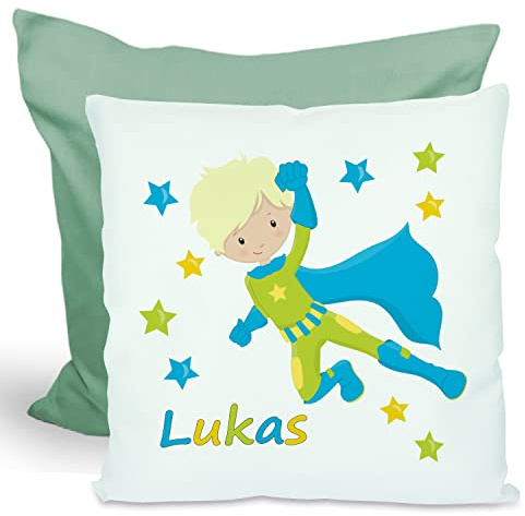 CreaDesign, Kinder Kissen 40x40 cm personalisiert mit Namen, Kinderzimmer Deko Kissen Kinder mit Füllung Federn, Motiv Superheld, Rückenfarbe Grün