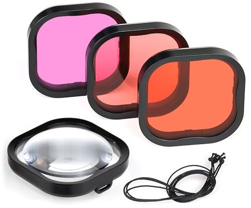 GEPULY Unterwasser-Tauchfilter für GoPro Hero 8, 9, 10, 11, 12, 13, schwarz, offizielles wasserdichtes Gehäuse in Rot, Hellrot, Magenta und 5 x Nahaufnahmefilter für Unterwasser-Farbkorrektur, 4 Stück