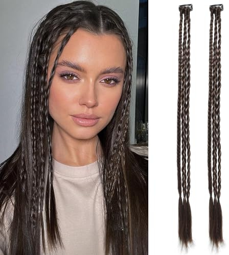 2 PCS Clip in Flechthaarverlängerungen, Flechtverlängerungen mit Haarclip 22 Zoll mittleres braunes synthetisches langes geflochtenes Haar Stück