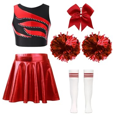 Nyeemya Mädchen Cheerleading Kostüm Cheer Leader Outfit Ärmellos Top und Rock mit Pompons Socken Haarzubehör Halloween Kostüm EIN Rot 146-152