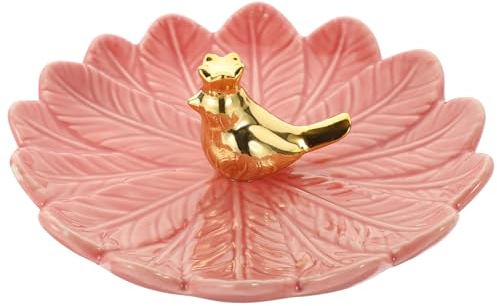 CAXUSD Vassoio Portagioie in Ceramica Rosa Rilievo Piuma e Uccellino, Piccolo Portaoggetti Multifunzionale Per Gioielli, Porta Anelli e Orecchini Da Scrivania Organizzata