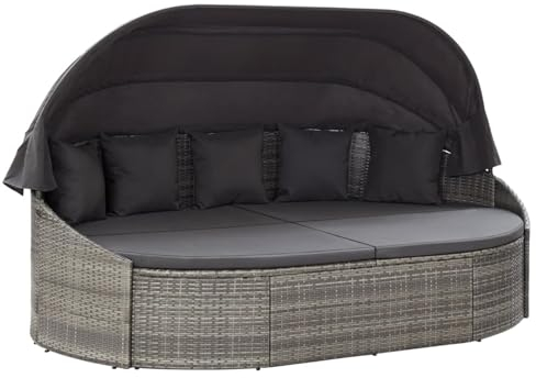 Rantry Sonneninsel mit Sonnendach Sonnenbett mit Dach Gartenliege Möbel Liege Gartenmöbel Lounge Sitzgruppe Sonnenliege für Pools Poly Rattan Grau