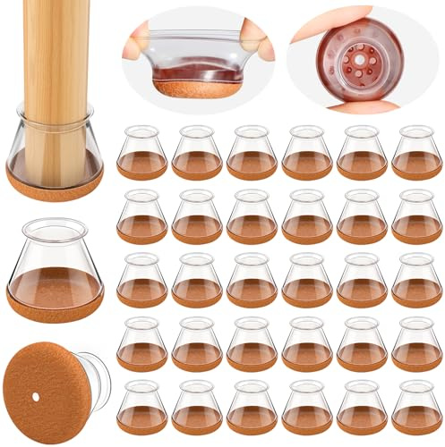 PISAO 32 stycken stolbenskydd, transparenta silikonskyddskåpor för stolsben med lindad filt, runda filtglider för stolar, stolsben för trägolv (passform: 20,1–30 mm)