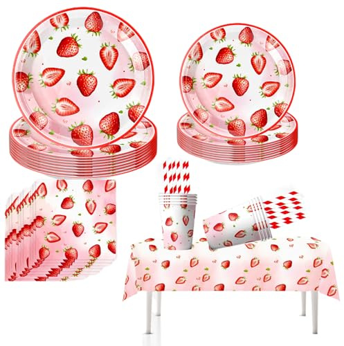 61PCS Strawberry Theme Birthday Party Tableware Set Strawberry Birthday Decorations Camping Birthday Party Supplies Paper Plate Cup Napkin Tablecloth Straw Adventure Fruit Party Table Decor