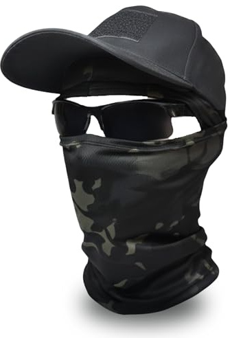 Sibo - Outdoor-Set (3-teilig): Taktische Klett-Cap + Outdoor-Schutzbrille + Elastische, atmungsaktive Sturmhaube für Airsoft, Paintball, Jagd, Wandern, Radfahren, Running, Skifahren (Schwarz)