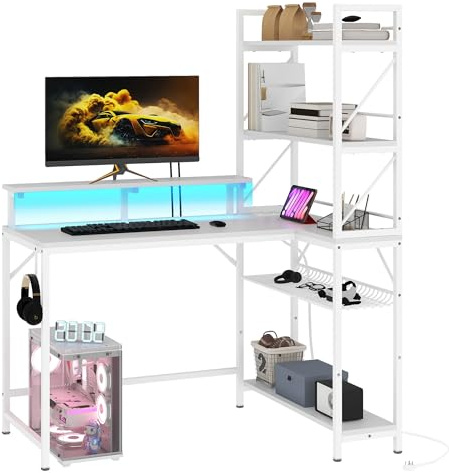 YITAHOME Mesa de Juegos en Forma de L con LED, Reversible, con Estante, 2 enchufes y 2 USB, Escritorio de Esquina Compacto con Soporte para Monitor para Oficina en casa, Espacios pequeños, 106 cm