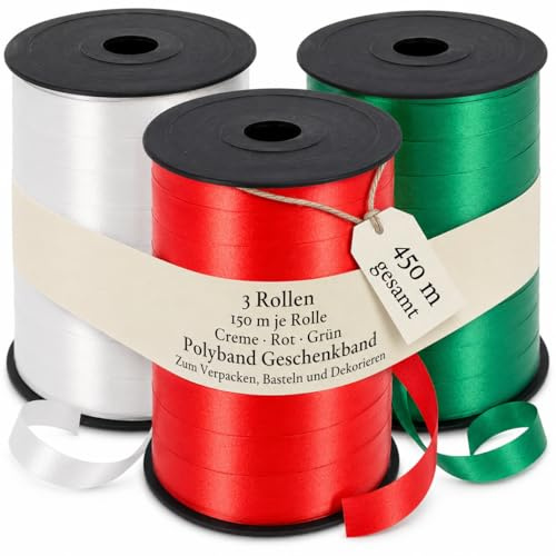 Set Ringelband Polyband Geschenk-Band Geschenkschleifen zum Basteln und Verpacken - glänzend & matt sortiert (weiß - rot - grün, 3 Rollen Geschenkband je 150m)