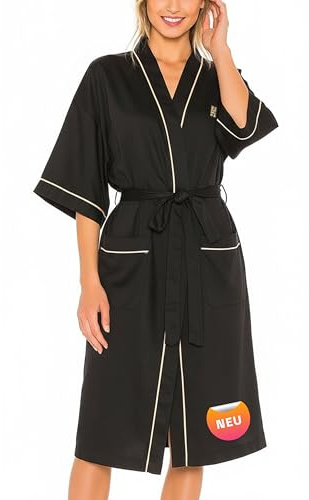 HUGYOU Morgenmantel Damen: leichter Bademantel aus dünner Baumwolle, kurz & schnelltrocknend; ideal als Sauna Bademantel Damen leicht, Saunamantel & Reisebademantel. Onesize bis 1,85 m, schwarz.