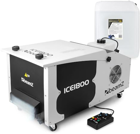 beamz ICE1800 low fog machine bundle with 1800W output, DMX and standalone modes, 3.1L removable fluid tank, 3m wired remote, and 20L dense ground fog fluid for weddings, events, and stage use