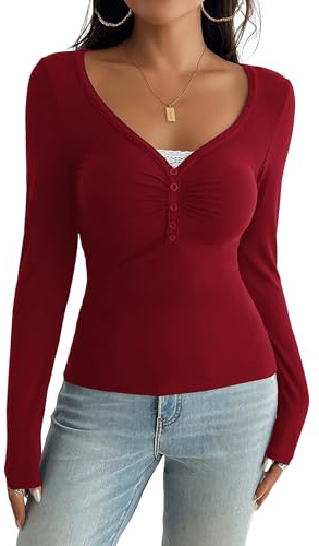 Canli4Y Långärmad damtröja V-ringade långärmade toppar Henley t-shirts slim fit långärmad Y2K skjortor bastoppar elegant blus tunika, Vinröd, S