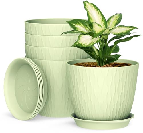 17cm Plant Pots Indoor, 5 Pack Plastic Planters with Drainage Holes and Saucer, Decorative Stripe Grooves Flower Pots for Indoor Outdoor Houseplants（Light Green）