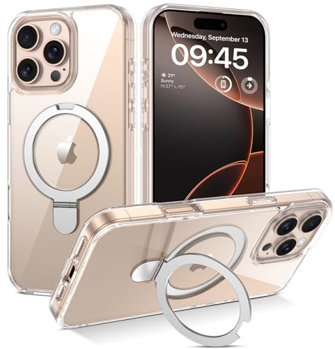DUEDUE Magnetic Case for iPhone 16 Pro Max Stand [Compatible with Magsafe] Invisible Ring Holder, Slim Transparent Back Military Grade Drop Shockproof Phone Case for iPhone 16 Pro Max 6.9, Clear