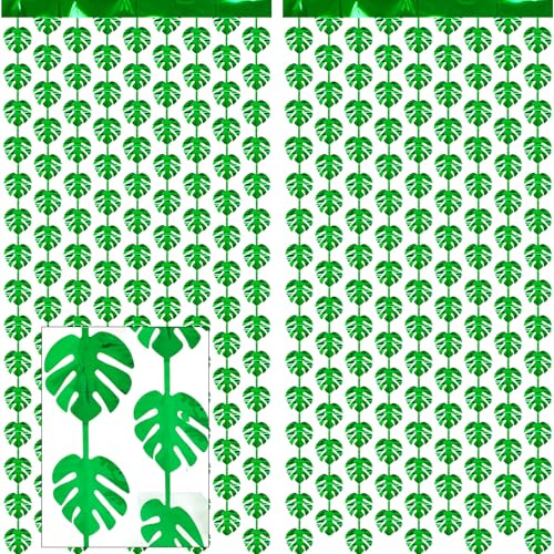 Confezione da 2 tende con frange in lamina di foglie di giungla, verde glitterato tropicale, foglie di palma tropicali, sfondo metallico per safari, compleanni, baby shower, decorazioni per feste