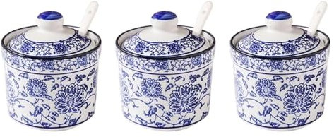 Azucarero con tapa, azucarero de cerámica, azucarero de porcelana china azul y blanca con tapa, azucarero de porcelana con cuchara, salero pequeño(3 Set)