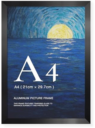 LIVINGTASTE 1 Stück Bilderrahmen A4 - Aluminium Schwarz Rahmen | gebürstet mit gehärtetem Glas fur 21x29.7 cm Fotos Fotorahmen für Poster und Wohnzimmer Kinderzimmer Deko Galerie