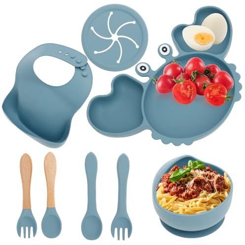 Set di stoviglie in silicone, 8 pezzi, per bambini, con cucchiaio, forchetta, piatto, bavaglini per bambini, accessori per lo svezzamento, piatti per bambini (blu)