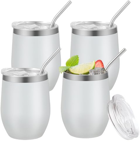 RHtvrll 4 Stück Weinbecher Edelstahl, 12 Oz/ 350ml Thermobecher Travel Mug mit Deckel und Strohhalm Kaffeebecher für Champagner, Kaffee, Weingläser aus Edelstahl (weiß)