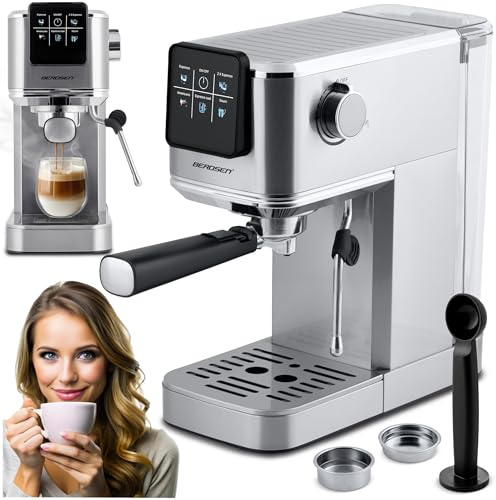 Berdsen Kaffeemaschine - Espressomaschine Siebträgermaschine - 1,2 L 20 Bar - Milchaufschäumer - 2 Filter - Cool Espresso - Silber