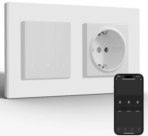 BSEED Normal Steckdose mit Smart Lichtschalter(Neutralleiter Erforderlich), Wlan Schalter Unterputz Kompatibel mit Alexa und Google Home, Taster Schalter 3 Fach 1 Weg mit PC Rahmen, Weiß