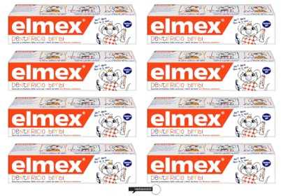Elmex - Pasta per bambini da 0 a 6 anni, con ridotta concentrazione di fluori di ammina per proteggere il tè dei bambini, anticaria, 0% dyes, 50 ml, confezione da 8,+ anello portachiavi gratuito