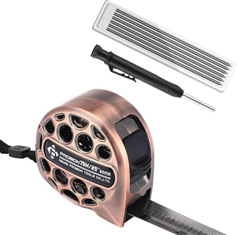 Kingdder Kit de cinta métrica de acero inoxidable y lápiz de carpintero retráctil de doble cara con 6 lápices de carpintería para construcción, hogar, industria (bronce, 7,5 m)