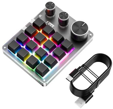 Yanmis 16 Key Small Keypad, USB Wired Bluetooth Programmable Gaming Keyboard, Portable One Handed Customizable Keyboard with 3 Knobs for Gaming Work (Black)