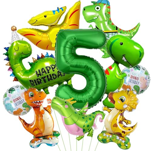 Dino Geburtstag Deko 5 Jahre Junge - 10 Stück Dino Geburtstagsdeko Dinosaurier Luftballons, XXL Grün Zahl 5 Folienballons für Dinosaurier Dschungel Party Kindergeburtstag