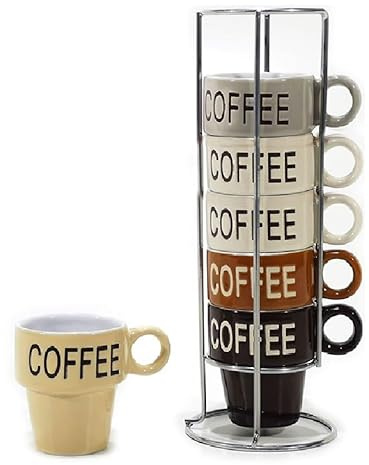 Set 6 Tazzine da Caffè in Ceramica 9cl Con Supporto stand Tazze Impilabili Colori Assortiti con scritta coffee particolari idea regalo casa cucina