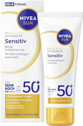 NIVEA SUN Sonnenschutz LSF 50+, parfümfreie Gesichtscreme für empfindliche Haut, atmungsaktive Sonnencreme mit 98% UVB-Schutz, Breathable UV Gesicht Sensitiv (40 ml)