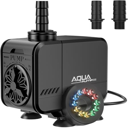 Gardray LED Mini Aquarium Wasserpumpe 20W 1500L/H Schutz vor überhitzung Leise Springbrunnenpumpe mit bunten Lichtern für Aquarien Fischtank, kleine Teichpumpe Förderhöhe 1,5m mit 1,6m Kabel & 3 Düsen