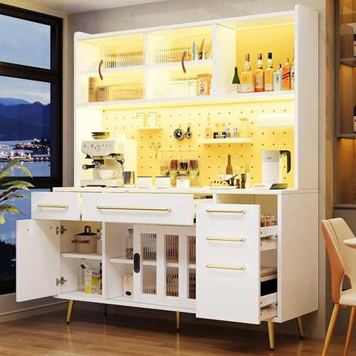 Ojjxh Küchenschrank Hochschrank mit LED & Arbeitsplatte, Buffetschrank Esszimmerschrank mitLochwand, Schublade & Glastür, Aufbewahrungsschrank Sideboard für Küche & Wohnzimmer, 145×39×171cm (Weiß)